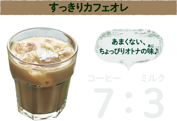 コーヒー7:ミルク3すっきりカフェオレあまくない、ちょっぴりオトナの味♪