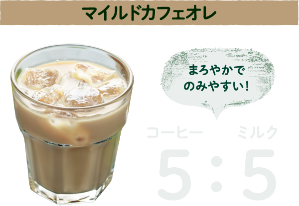 コーヒー5:ミルク5マイルドカフェオレまろやかでのみやすい！